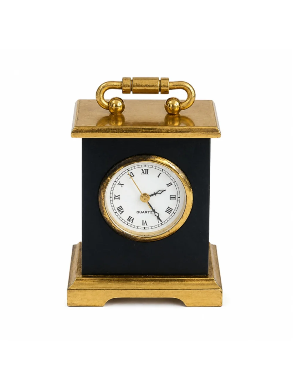 Vintage MCM Hong Kong Brass & Black Quartz Desk Clock Marble Accent